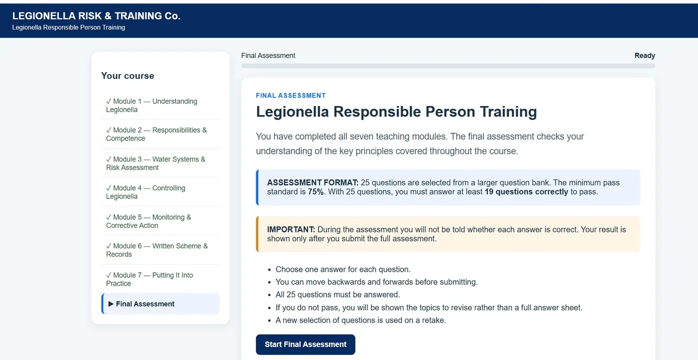 Online Legionella Responsible Person Training final assessment after completing seven course modules